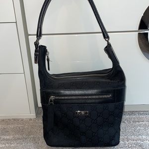 Gucci Shoulder Bag Tote monogram canvas leather black silver authentic